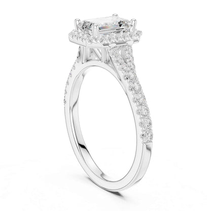 1 Carat Emerald Cut Diamond Halo Engagement Ring with Pavé Band