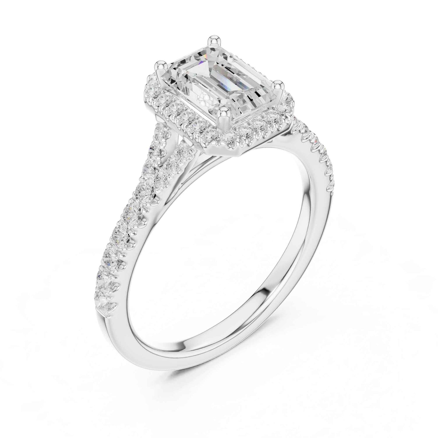 1 Carat Emerald Cut Diamond Halo Engagement Ring with Pavé Band