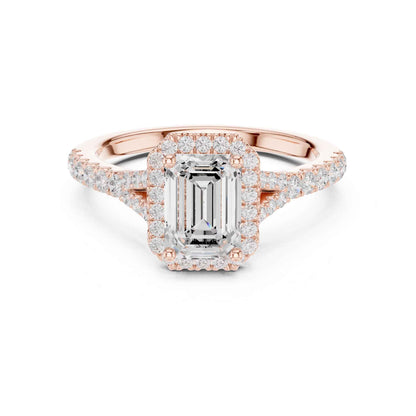 1 Carat Emerald Cut Diamond Halo Engagement Ring with Pavé Band