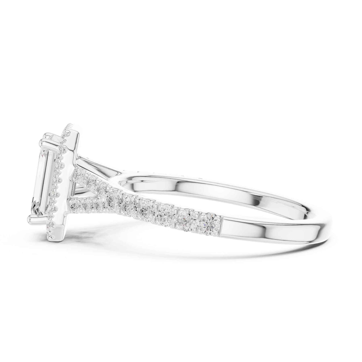 1 Carat Emerald Cut Diamond Halo Engagement Ring with Pavé Band