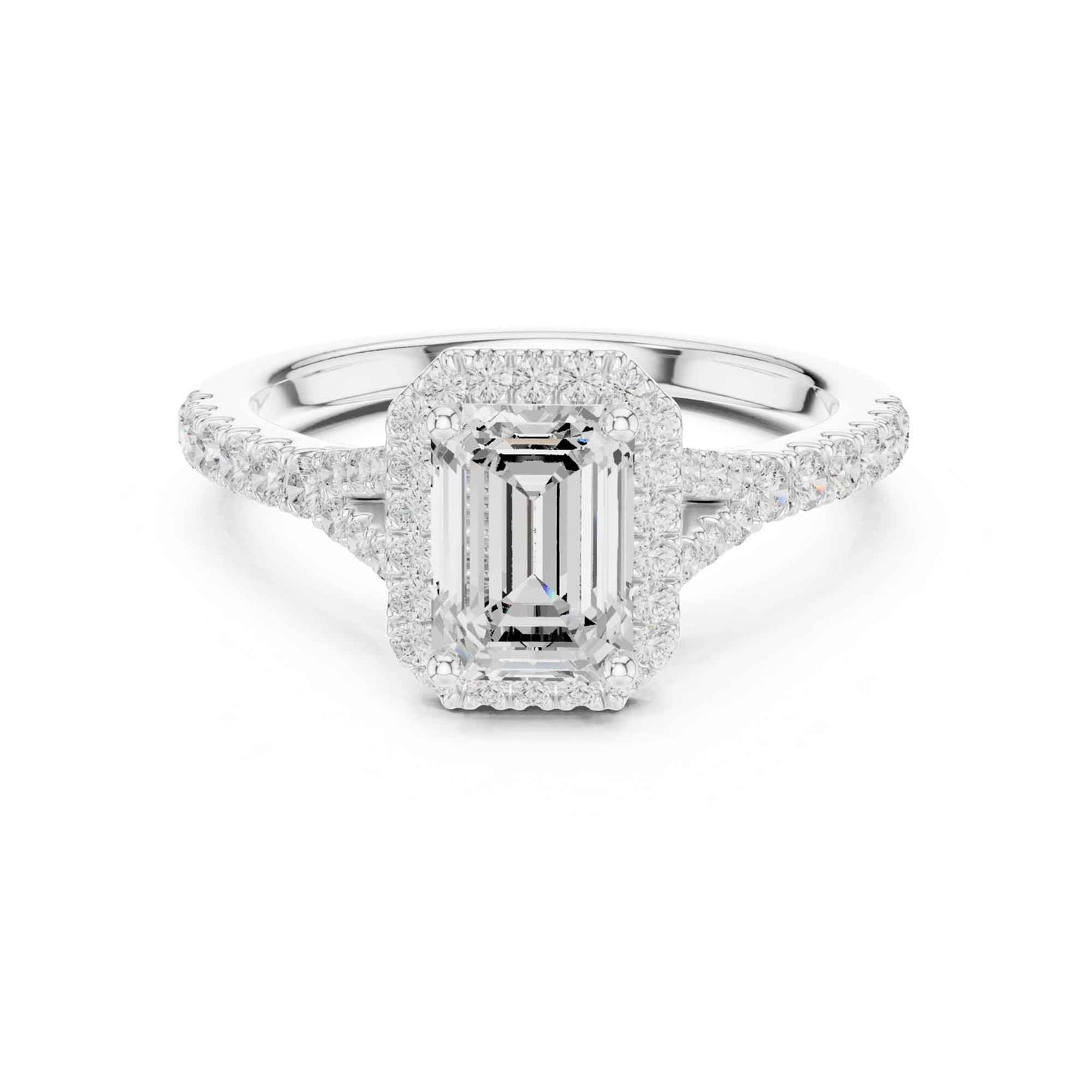 1 Carat Emerald Cut Diamond Halo Engagement Ring with Pavé Band