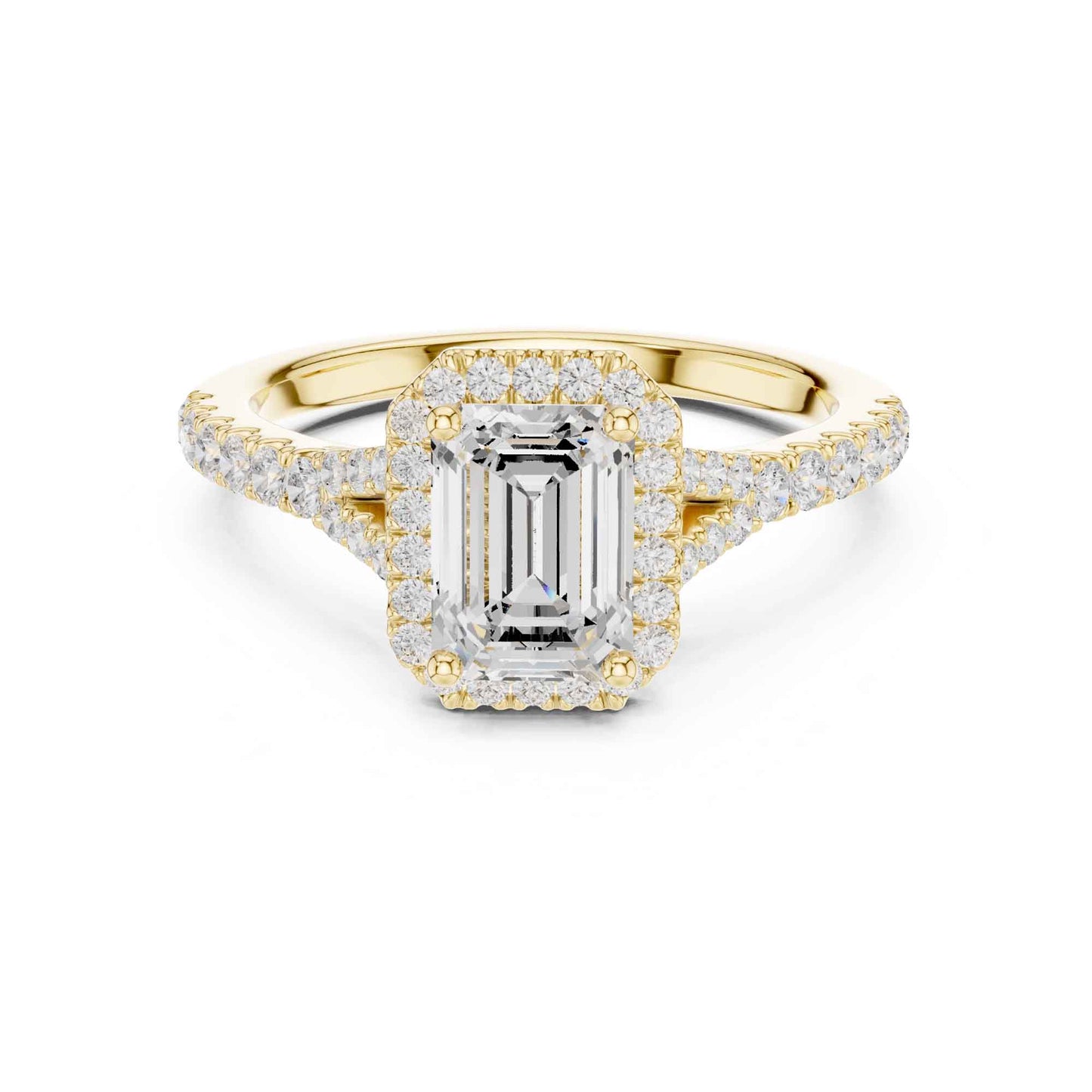 1 Carat Emerald Cut Diamond Halo Engagement Ring with Pavé Band