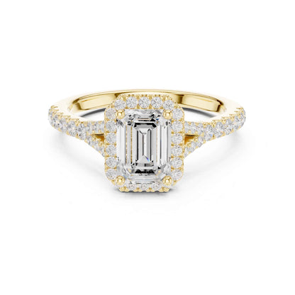 1 Carat Emerald Cut Diamond Halo Engagement Ring with Pavé Band