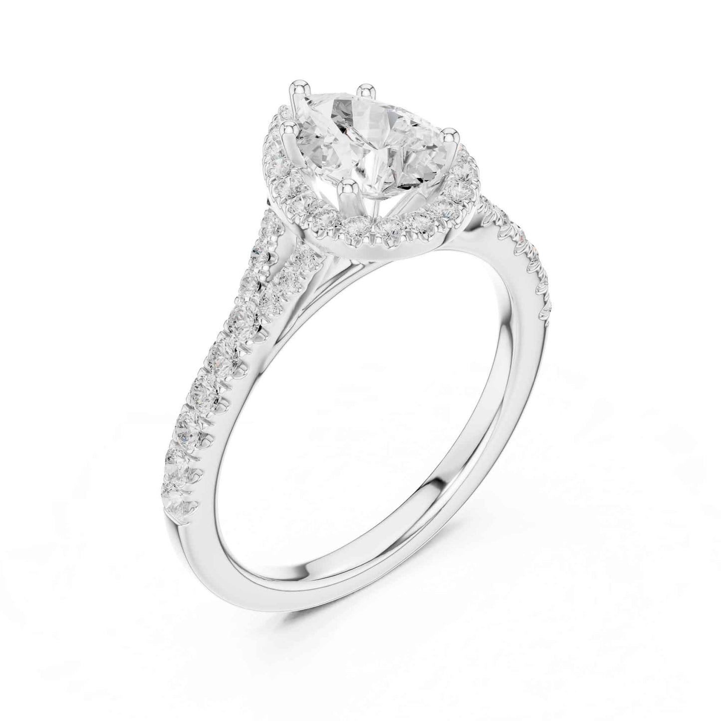 1 Carat Pear Diamond Engagement Ring with Cushion Halo and Diamond-Set Band