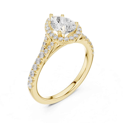 1 Carat Pear Diamond Engagement Ring with Cushion Halo and Diamond-Set Band