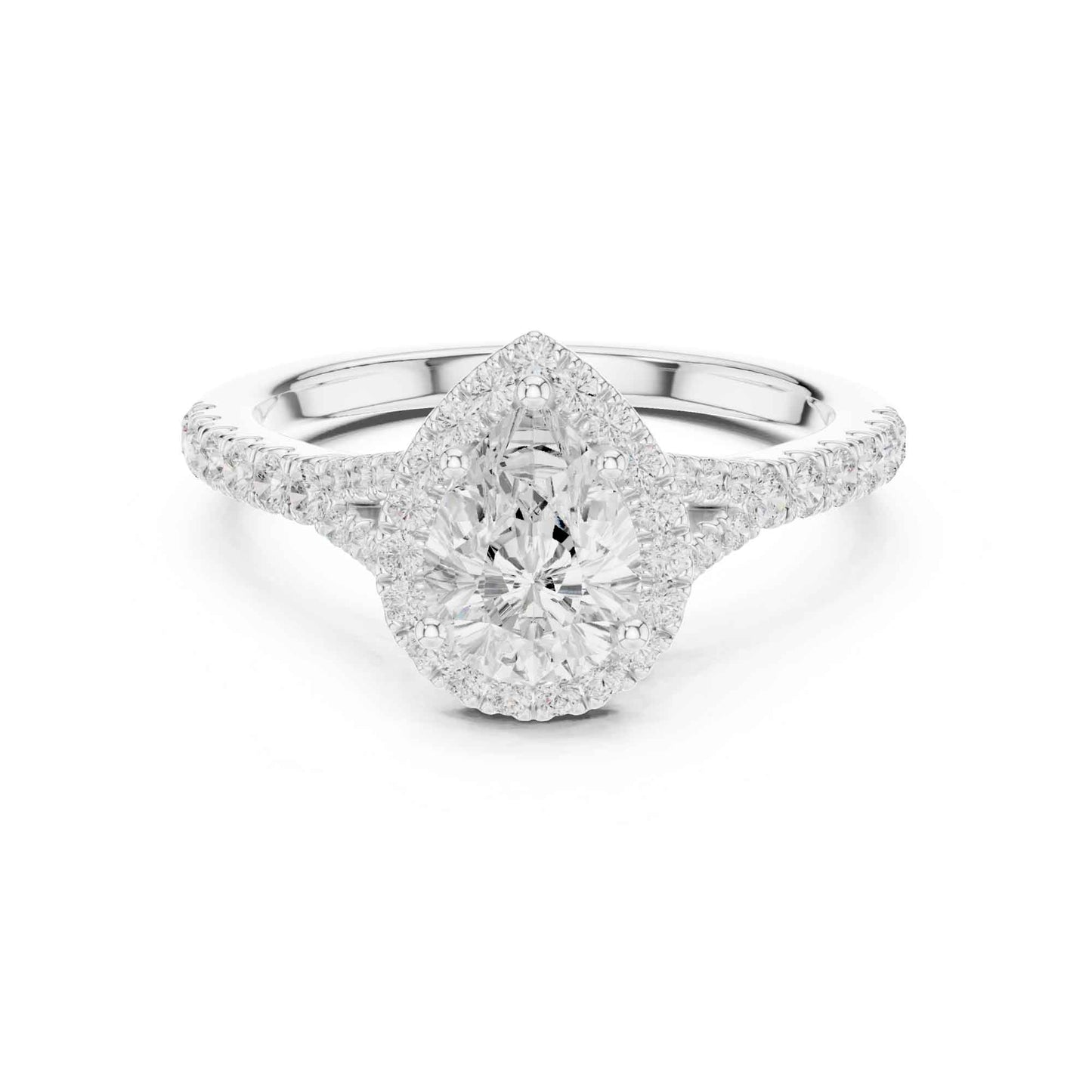 1 Carat Pear Diamond Engagement Ring with Cushion Halo and Diamond-Set Band