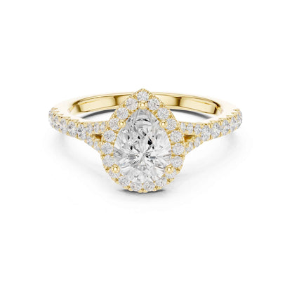 1 Carat Pear Diamond Engagement Ring with Cushion Halo and Diamond-Set Band
