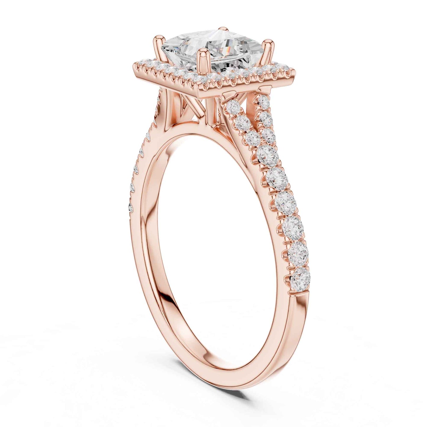 1 Carat Princess Cut Engagement Ring with Cushion Halo and Diamond-Set Band