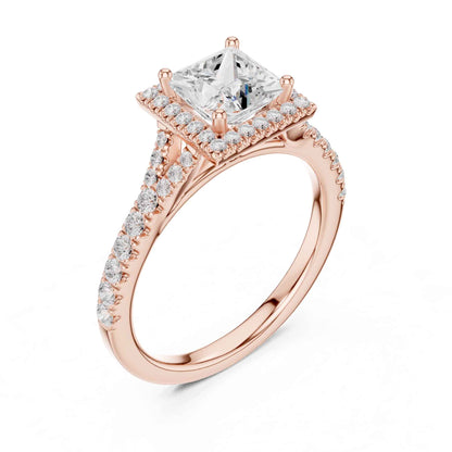 1 Carat Princess Cut Engagement Ring with Cushion Halo and Diamond-Set Band