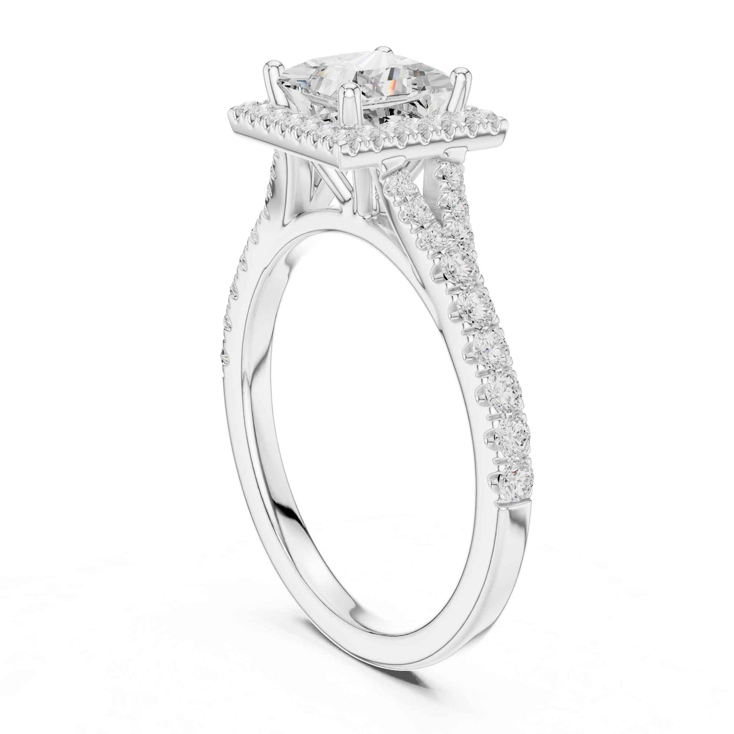 1 Carat Princess Cut Engagement Ring with Cushion Halo and Diamond-Set Band