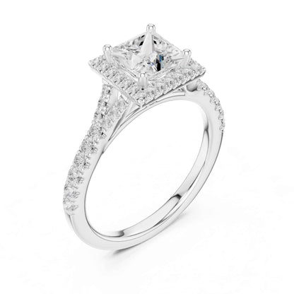 1 Carat Princess Cut Engagement Ring with Cushion Halo and Diamond-Set Band