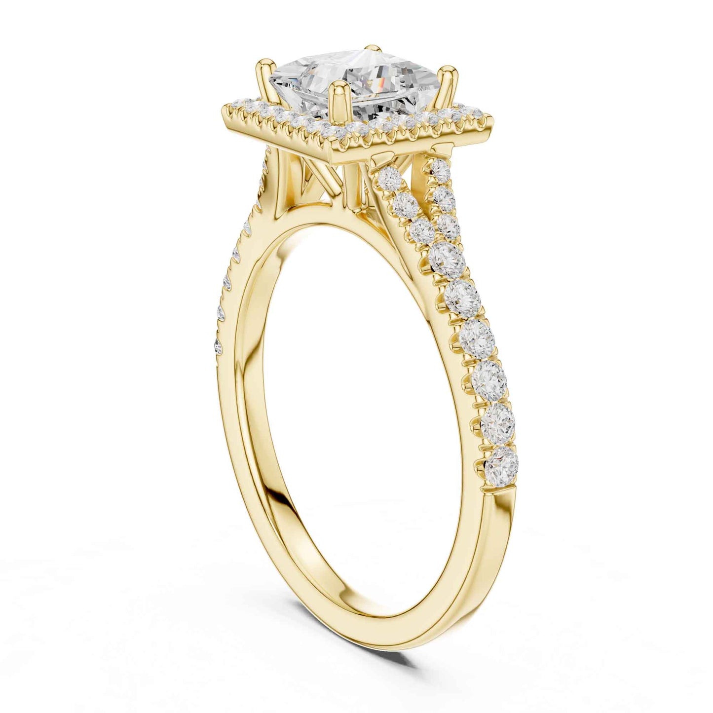 1 Carat Princess Cut Engagement Ring with Cushion Halo and Diamond-Set Band