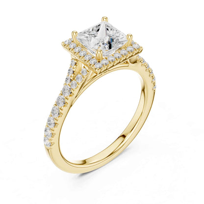 1 Carat Princess Cut Engagement Ring with Cushion Halo and Diamond-Set Band