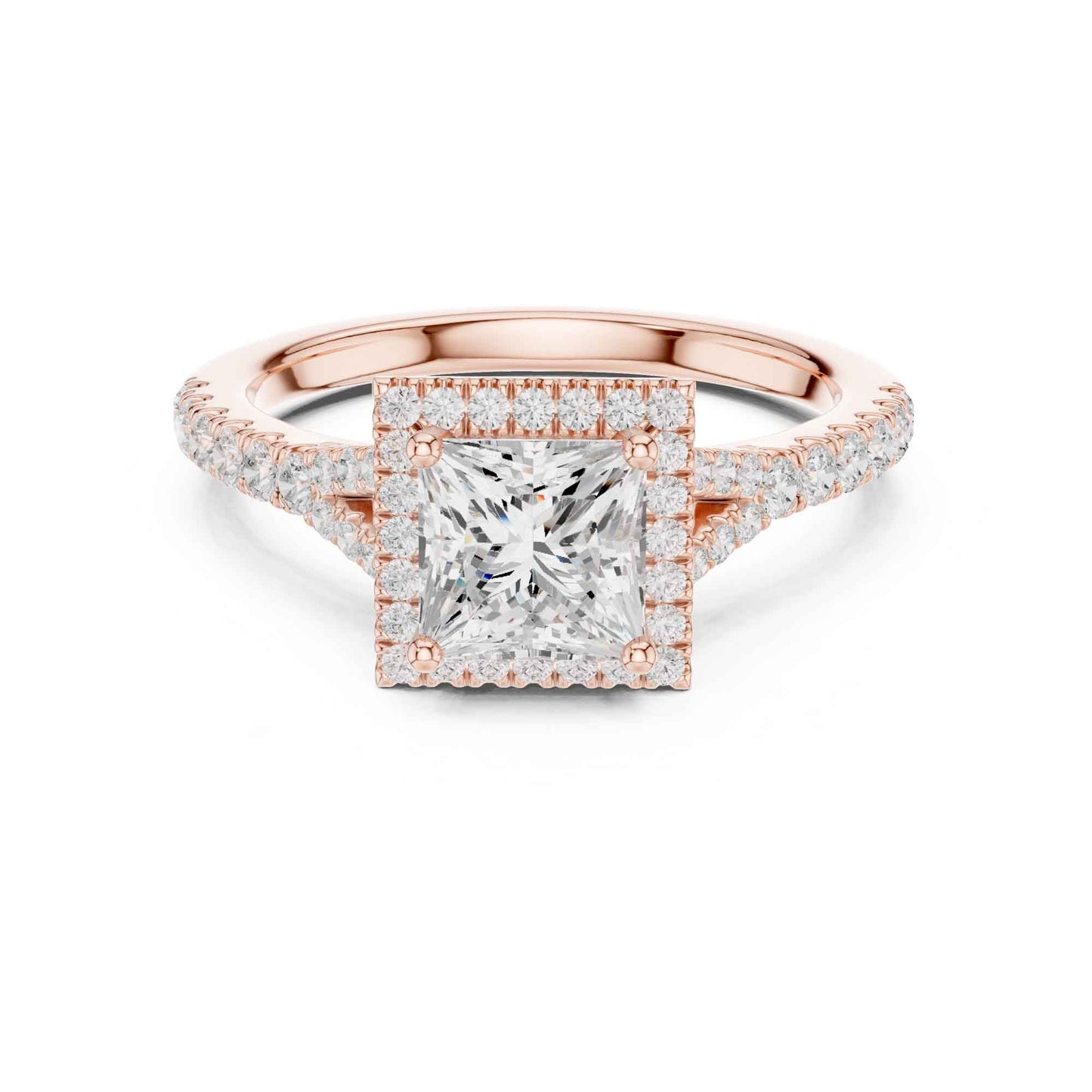 1 Carat Princess Cut Engagement Ring with Cushion Halo and Diamond-Set Band