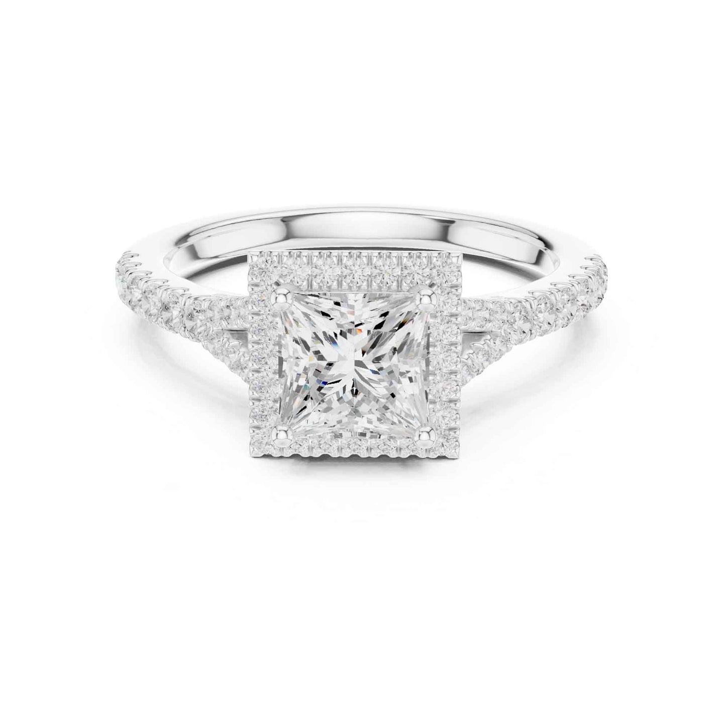 1 Carat Princess Cut Engagement Ring with Cushion Halo and Diamond-Set Band