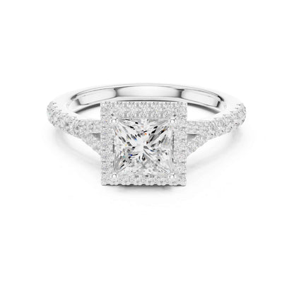 1 Carat Princess Cut Engagement Ring with Cushion Halo and Diamond-Set Band