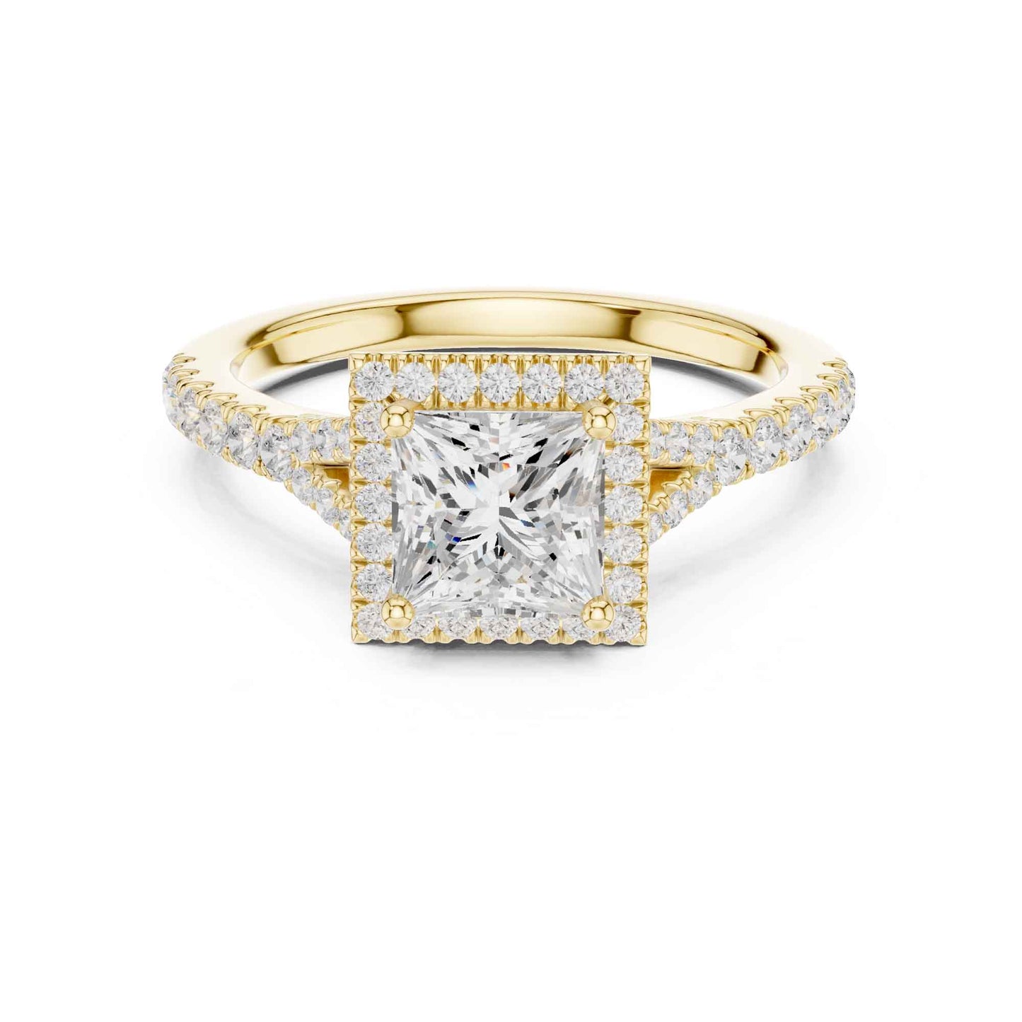 1 Carat Princess Cut Engagement Ring with Cushion Halo and Diamond-Set Band