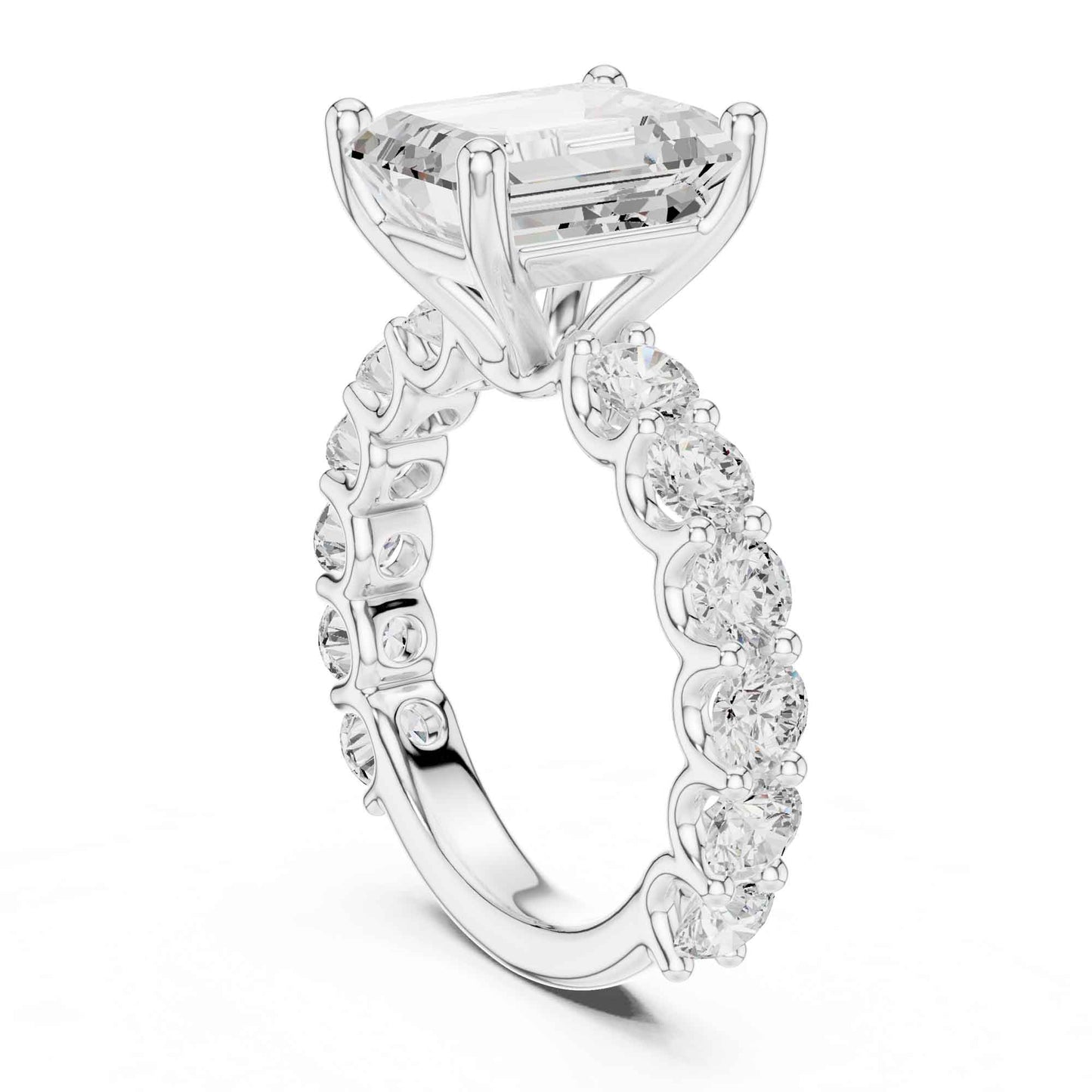 4 Carat Emerald Cut Solitaire Lab Grown Diamond Ring with Pavé Shank