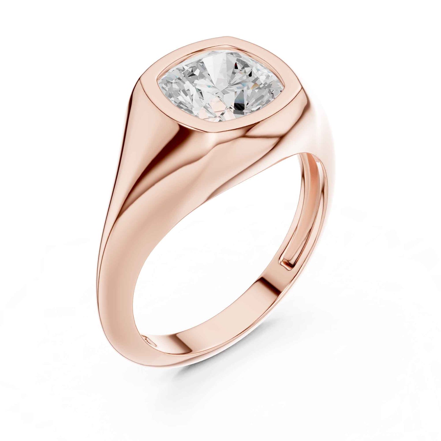 2 Carat Modern Cushion Cut Lab Grown Diamond Bezel Signet Ring