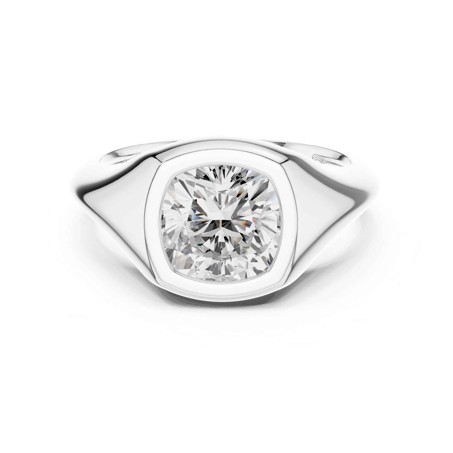 2 Carat Modern Cushion Cut Lab Grown Diamond Bezel Signet Ring