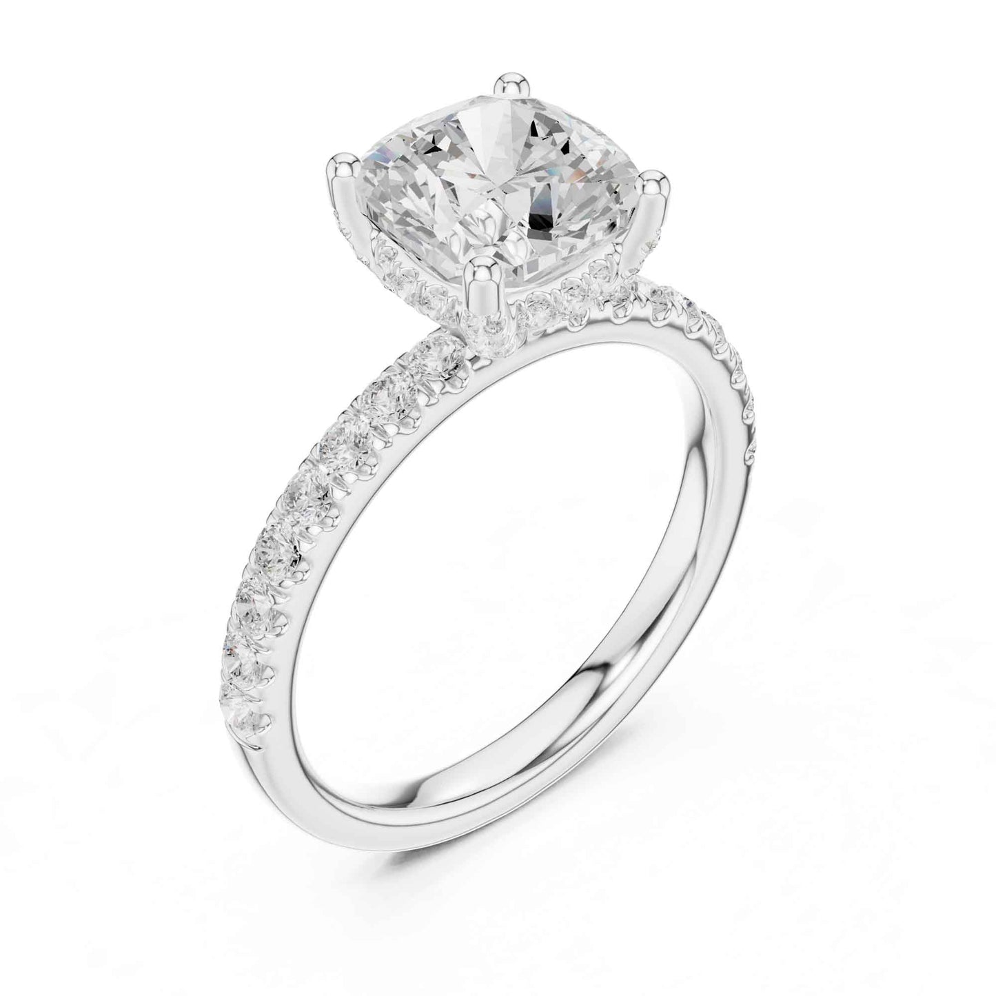 2 Carat Cushion Shape Lab Diamond Pavé Solitaire Engagement Ring