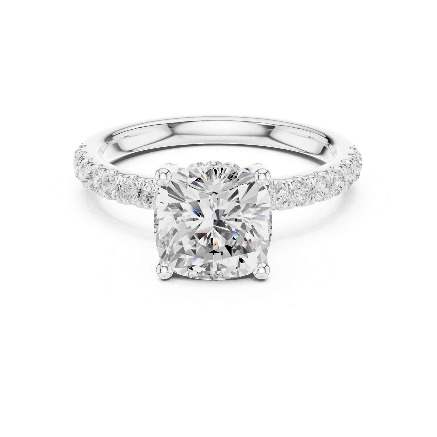 2 Carat Cushion Shape Lab Diamond Pavé Solitaire Engagement Ring