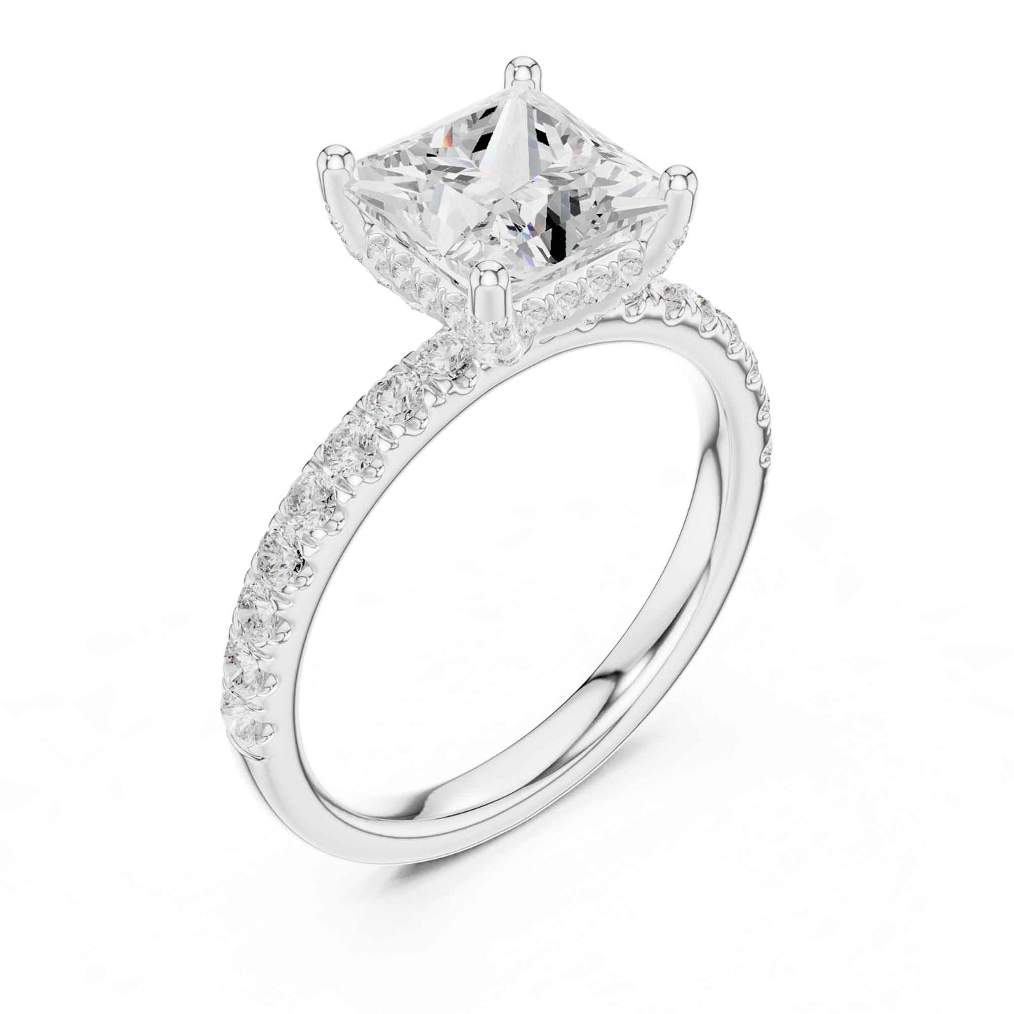 2 Carat Princess Cut Lab Diamond Pavé Solitaire Engagement Ring