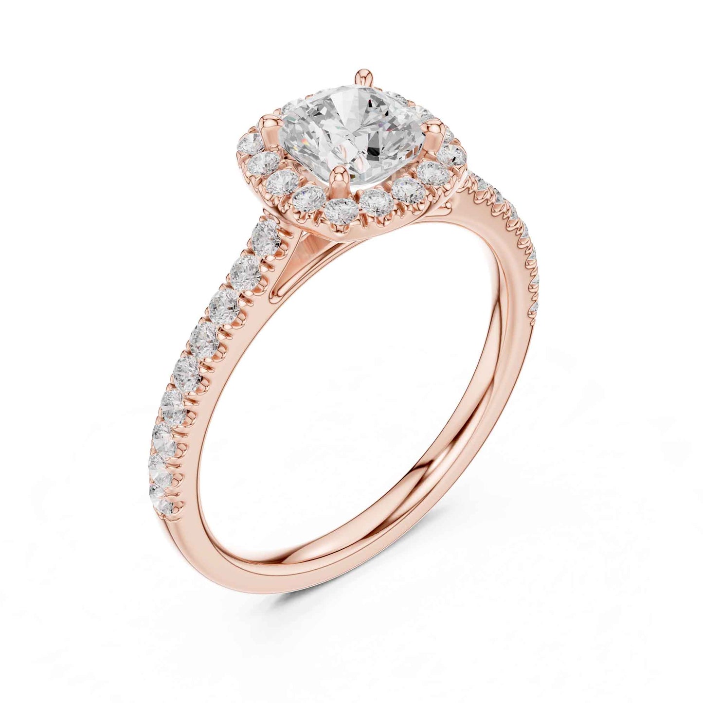 1 Carat Cushion Cut center stone with a halo and pavé band