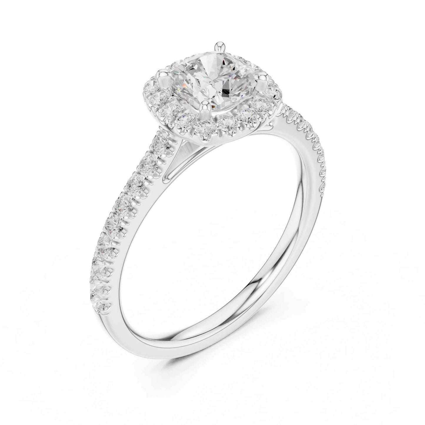 1 Carat Cushion Cut center stone with a halo and pavé band