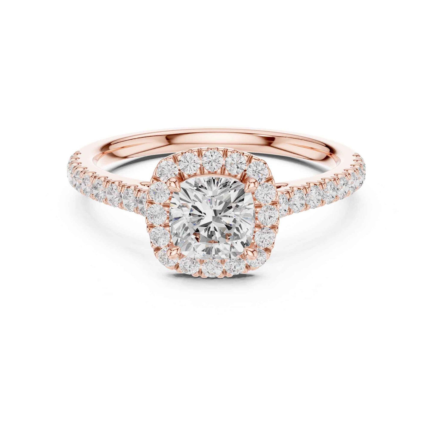 1 Carat Cushion Cut center stone with a halo and pavé band