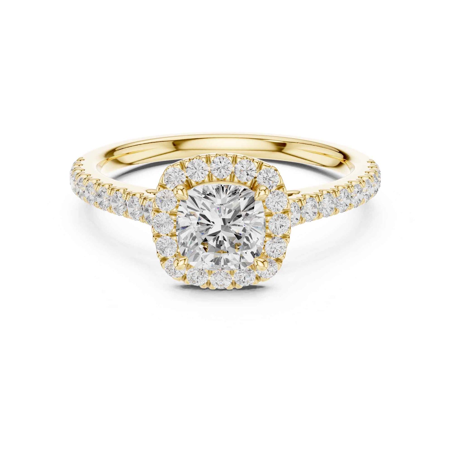 1 Carat Cushion Cut center stone with a halo and pavé band