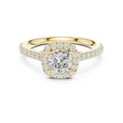 1 Carat Cushion Cut center stone with a halo and pavé band